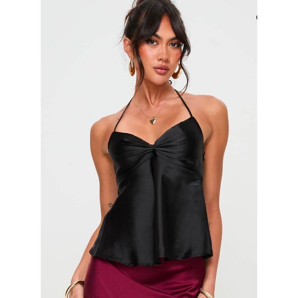 Princess Polly Born to Be Black Silky Halter Top Size 4 Classic Tie Neck Side Zi